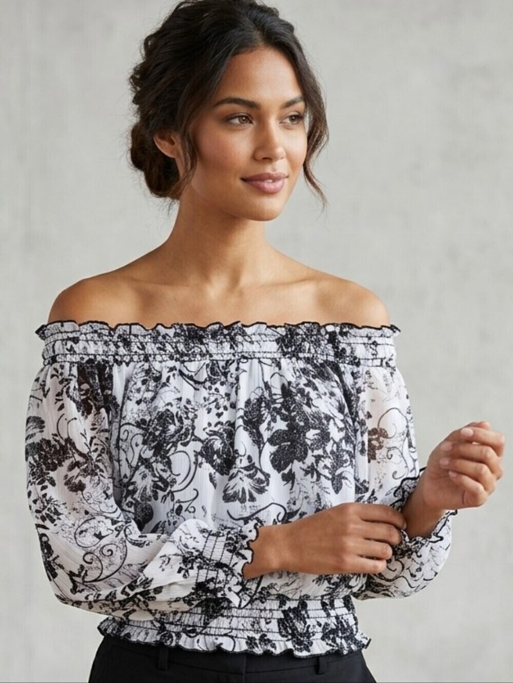 FRANKIE AND MISSY Sheer Off The Shoulder Black and White Blouse, Size Medium